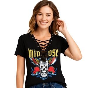 Gaze USA Black Graphic Skull Wings Lace Up V-Neck T-Shirt Size L Rocker Edgy New